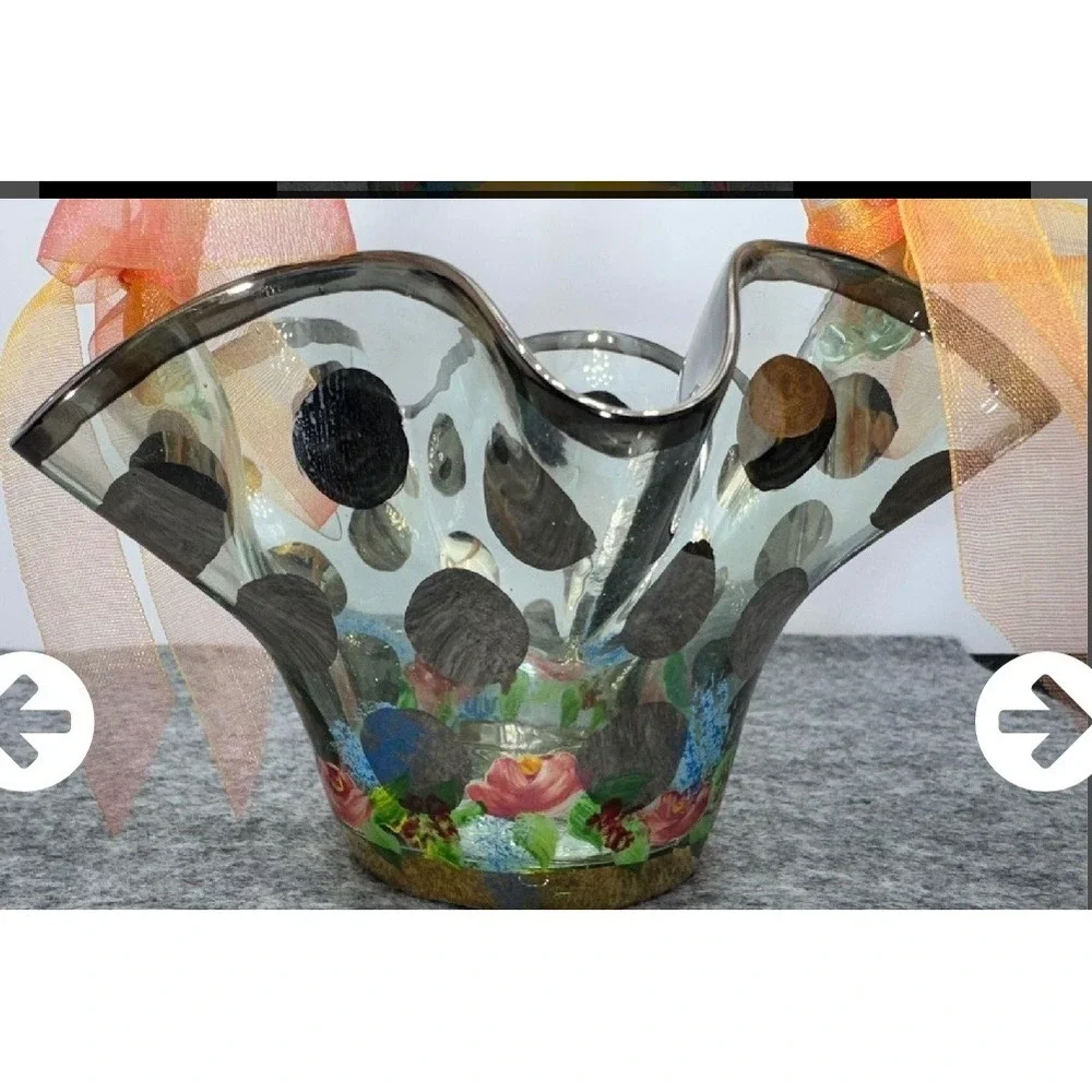 MacKenzie Childs Circus Collection Glass Basket Handpainted Ruffled Floral Bow